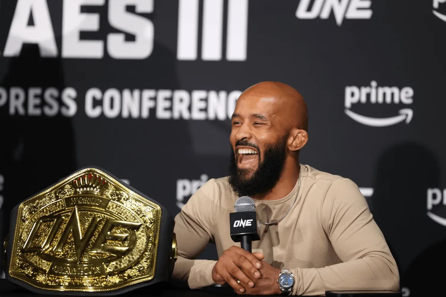 Demetrious Johnson laughing during a press conference