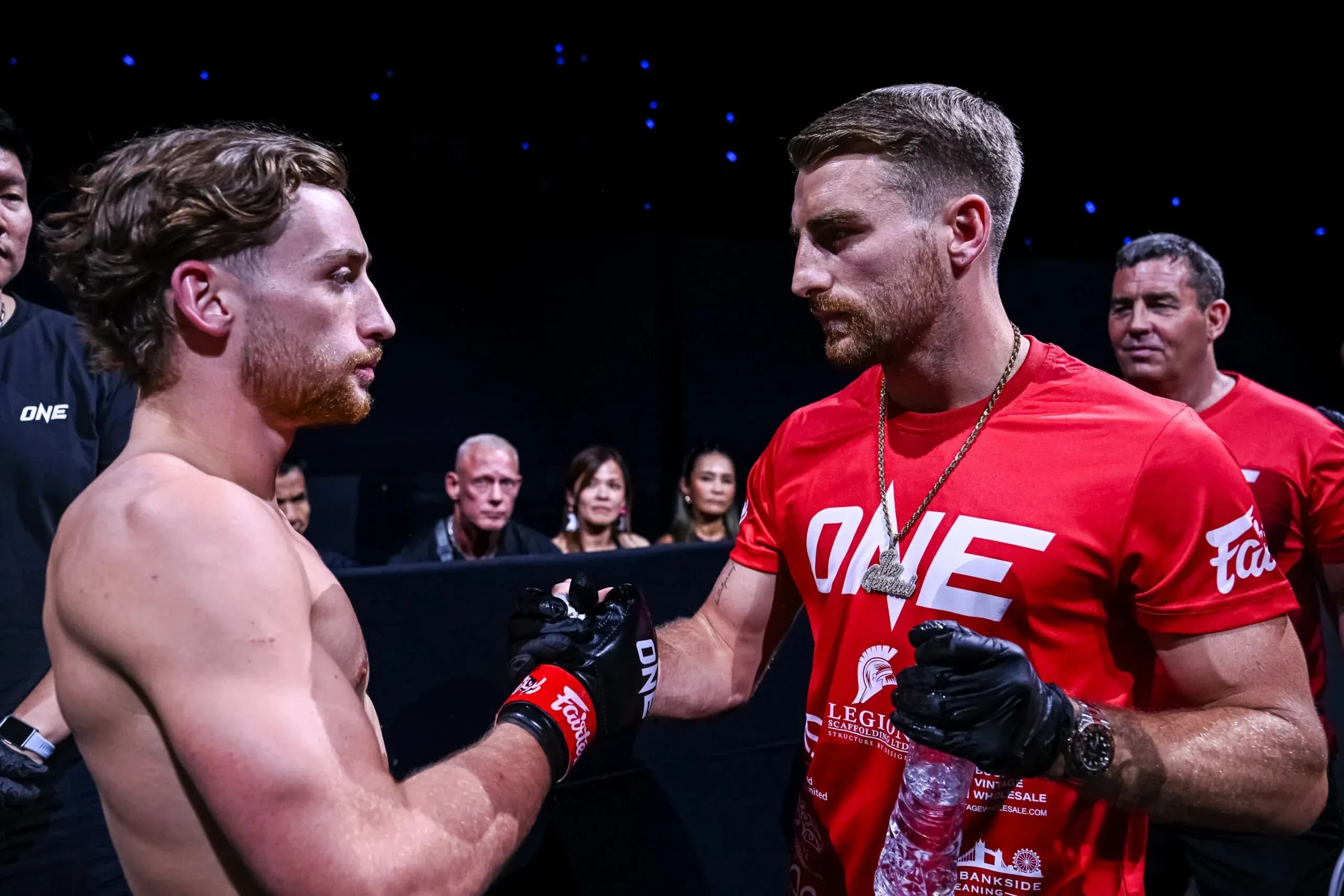 Muay Thai rising star Freddie Haggerty shakes his brother Jonathan Haggerty's hand before his fight