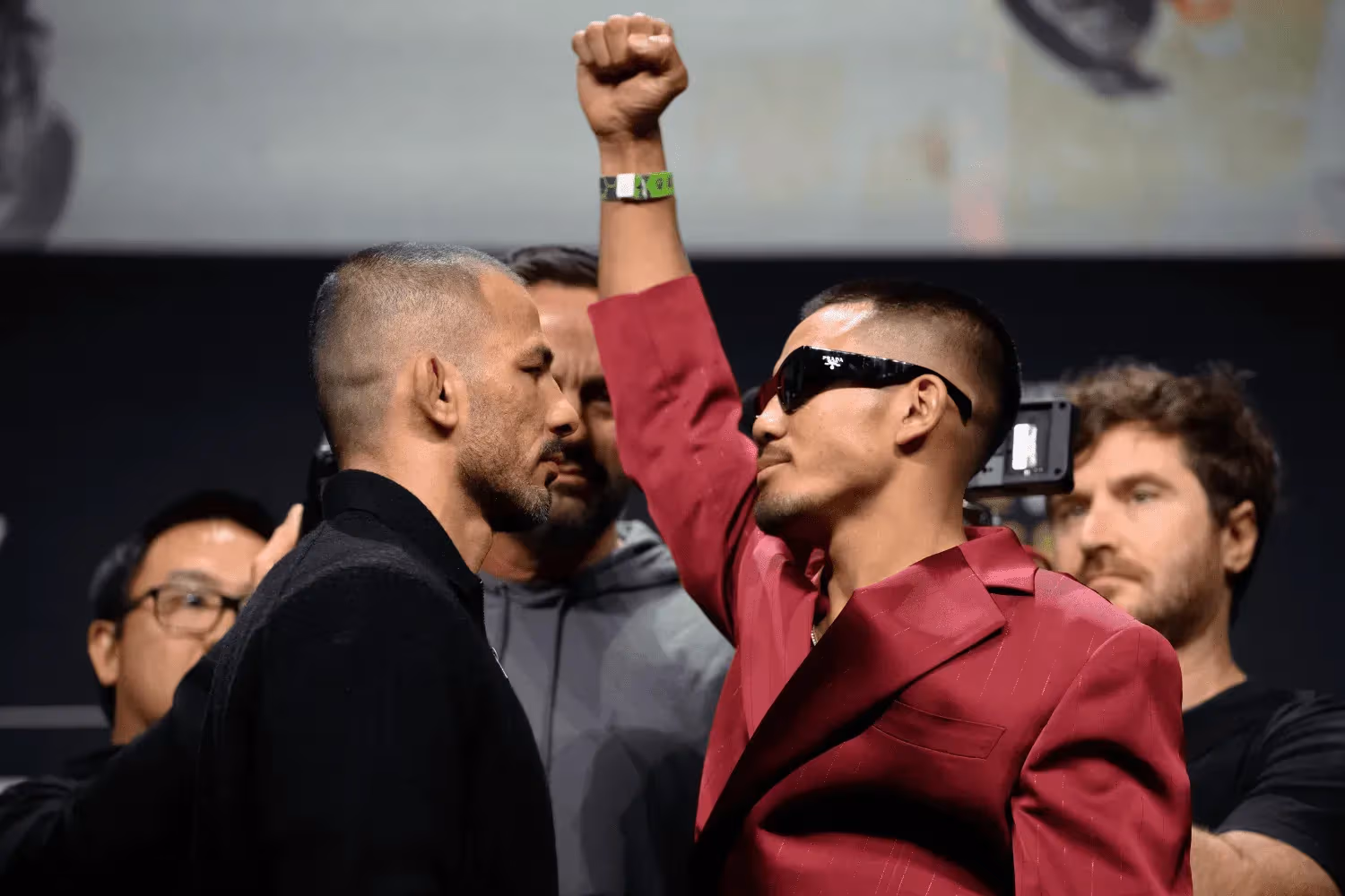ALEXANDRE PANTOJA (30-5-0) of Rio de Janeiro, Brazil (L) and JOSHUA VAN (15-2-0) of Hakha, Myanmar (R) during UFC 323 press conference