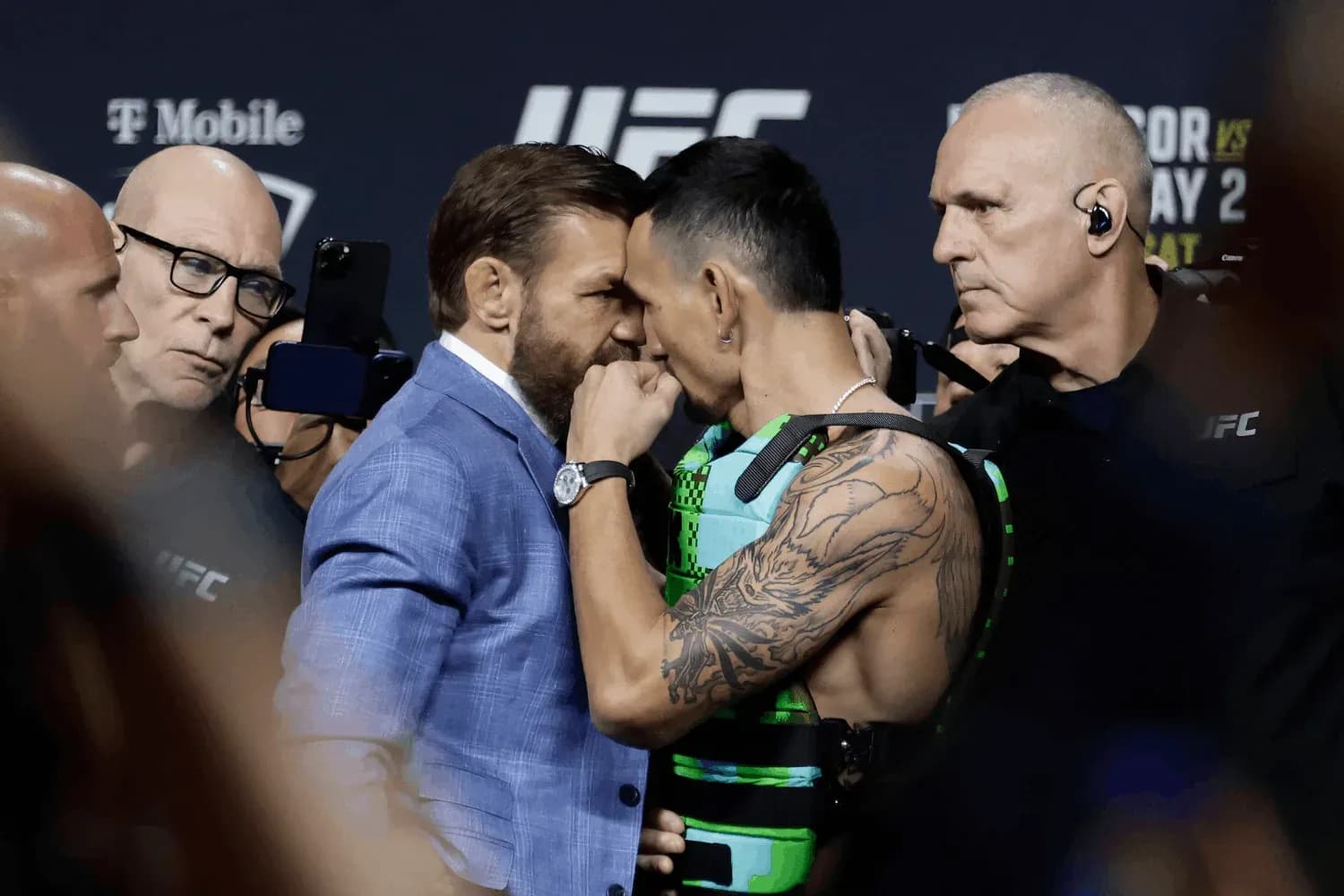 Conor McGregor & Max Holloway face-off at the UFC 329 Press Conference at the T-Mobile Arena