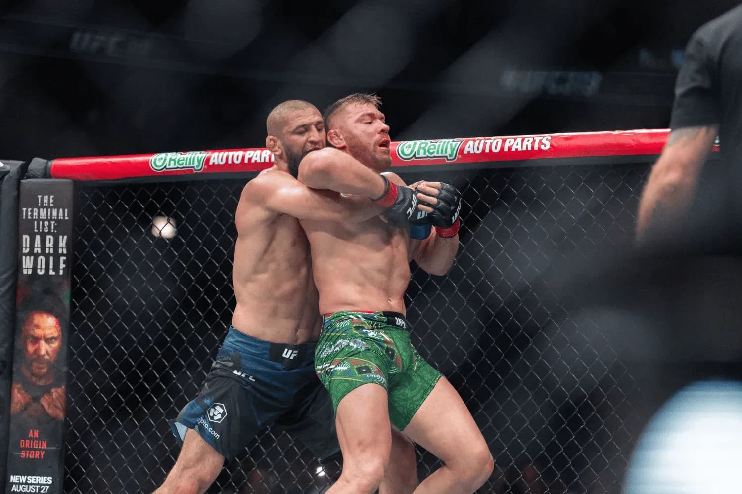 Khamzat Chimaev attempts takedown on Dricus Du Plessis in a Middleweight bout during the UFC 319