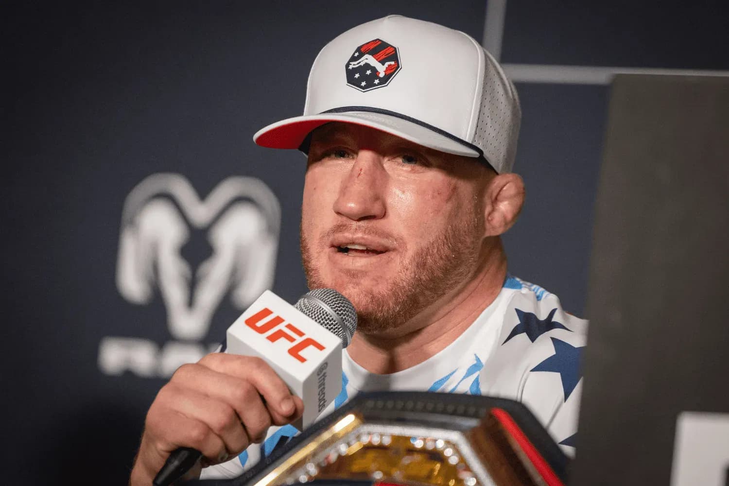 Justin Gaethje participates in a press conference with other fight winners and Dana White following UFC Freedom 250