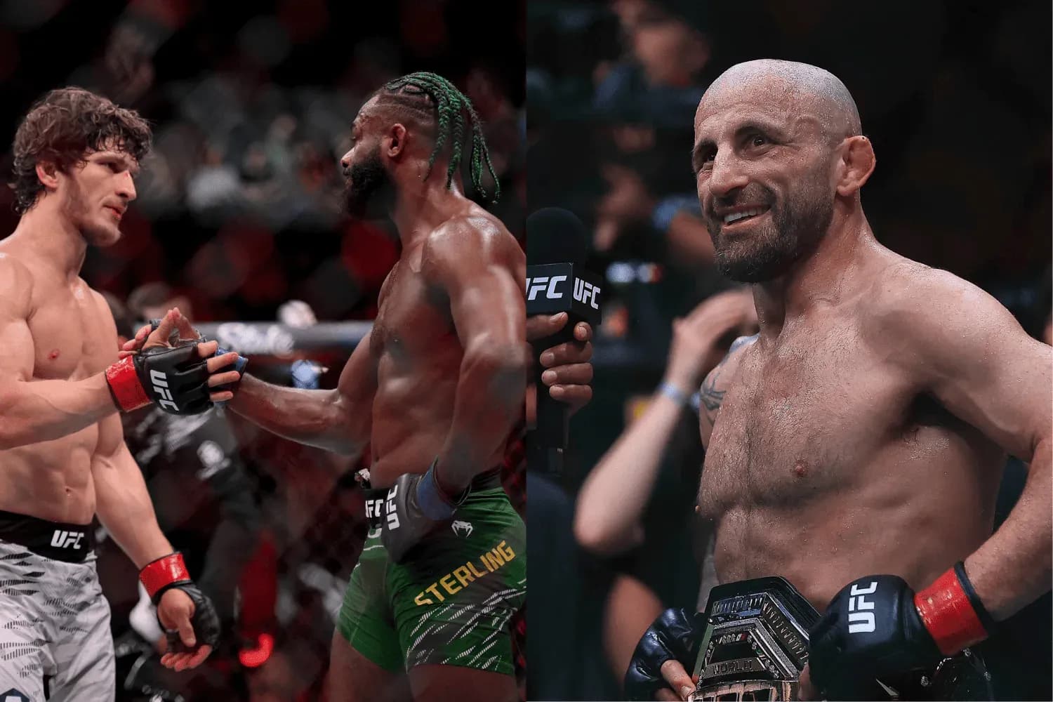 Movsar Evloev and Aljamain Sterling after their fight (left) and Alexander Volkanovski (right)