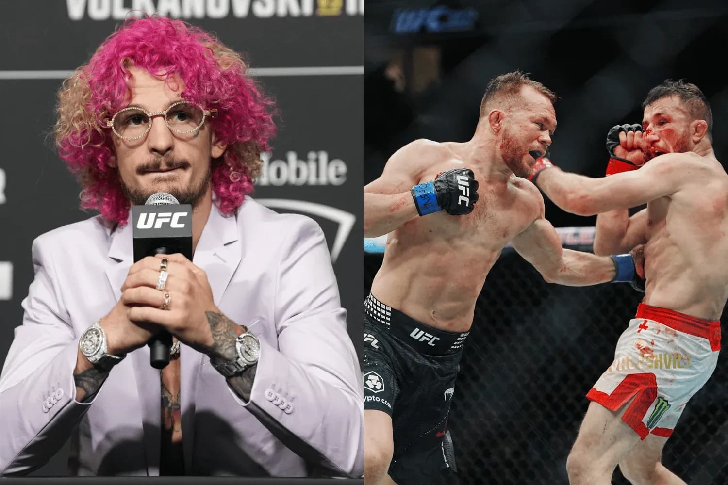 Sean O'Malley (left) and Petr Yan punching Merab Dvalishvili (right)